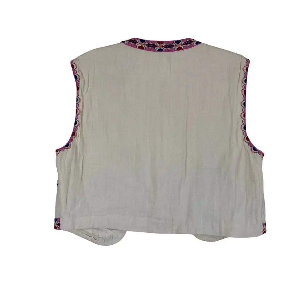 Zara Sz M Floral Embroidered Open Front Vest Cream Multicolor Folk Style - Picture 7 of 16